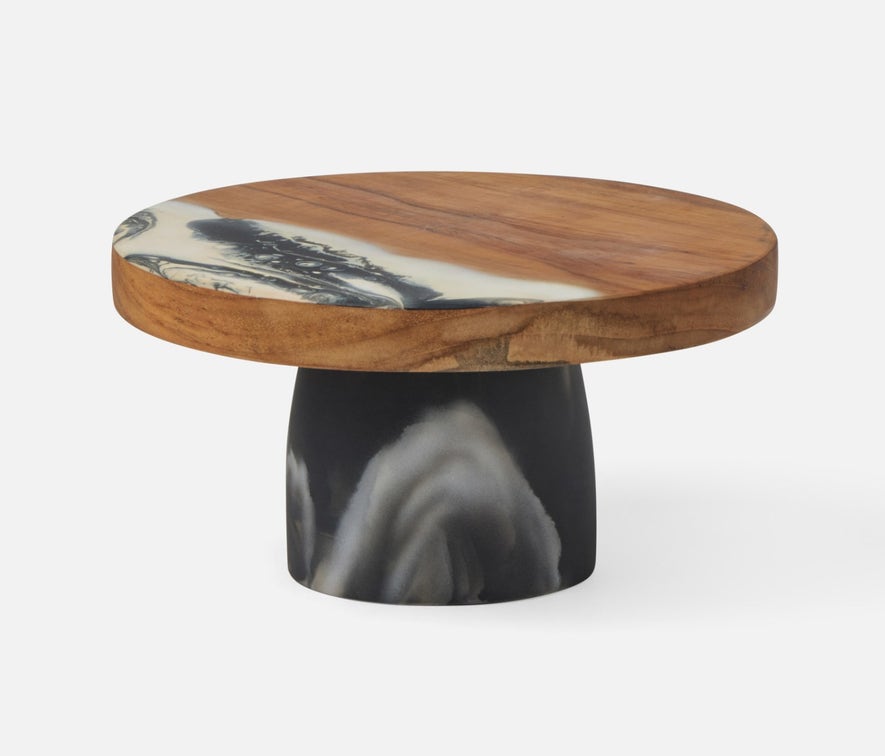 Teak and resin combine to create a two-tone cake stands that are hand-dipped, making each one-of-a kind.