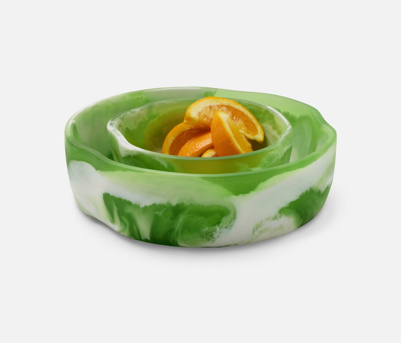 Swirling green and white resin bowls