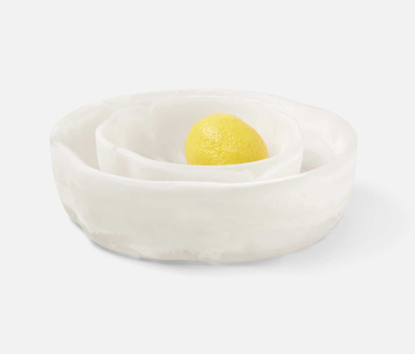 White swirled resin serving bowls.