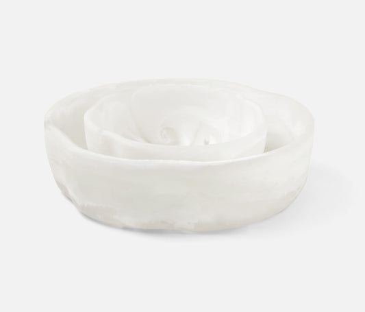 White swirled resin serving bowls.