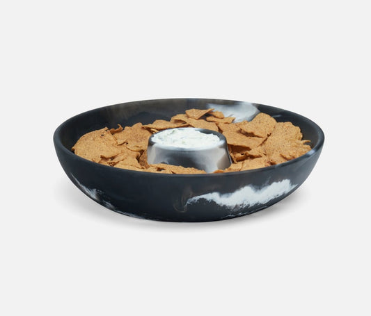 swirled resin chip and dip bowl in black and white