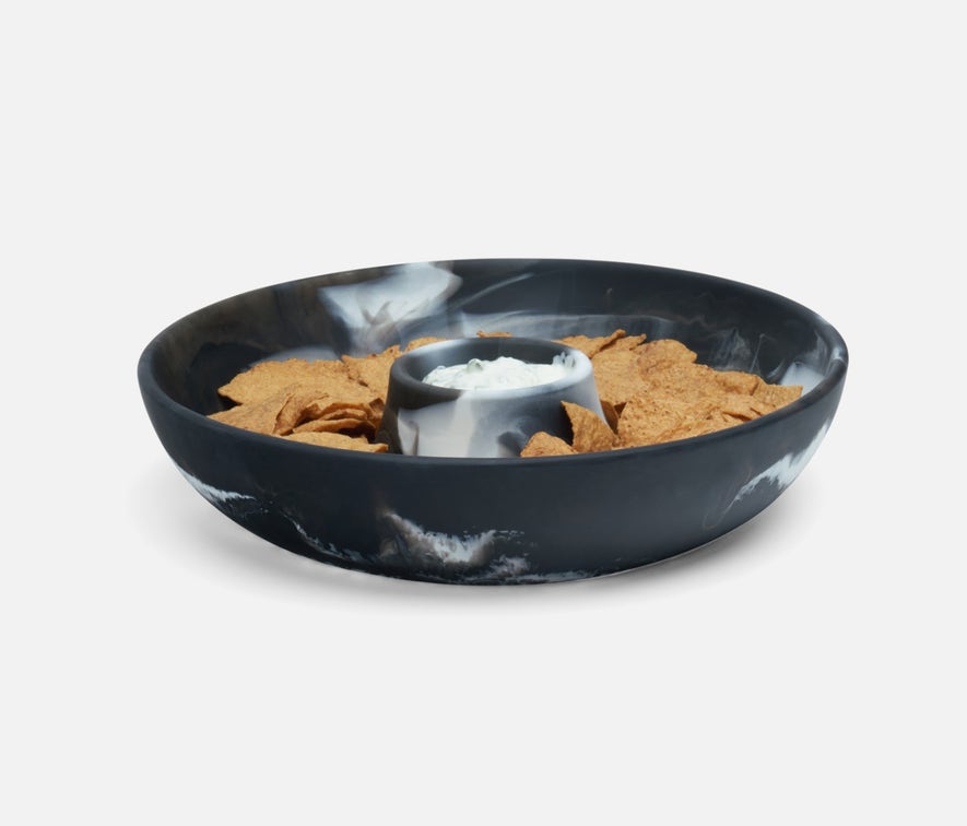 swirled resin chip and dip bowl in black and white