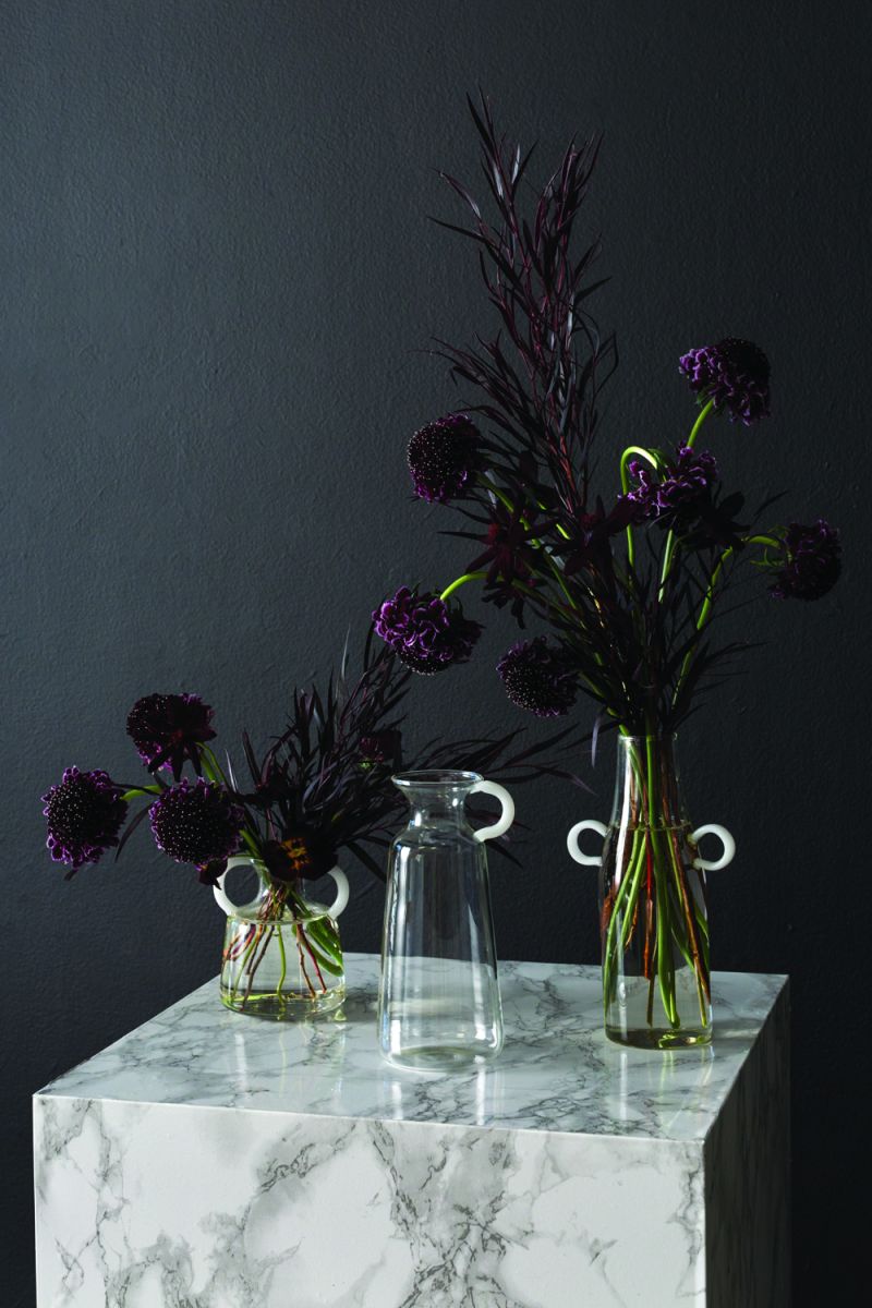 Clear pitcher shaped bud vase with solid white glass handles.