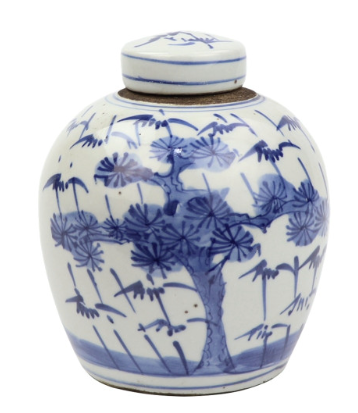 small blue and white jar with lid