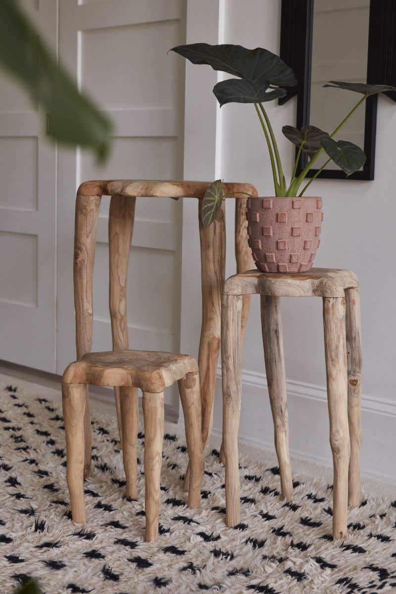 Teak table with irregular-shaped, natural top & legs can be used as a side table or plant stand.