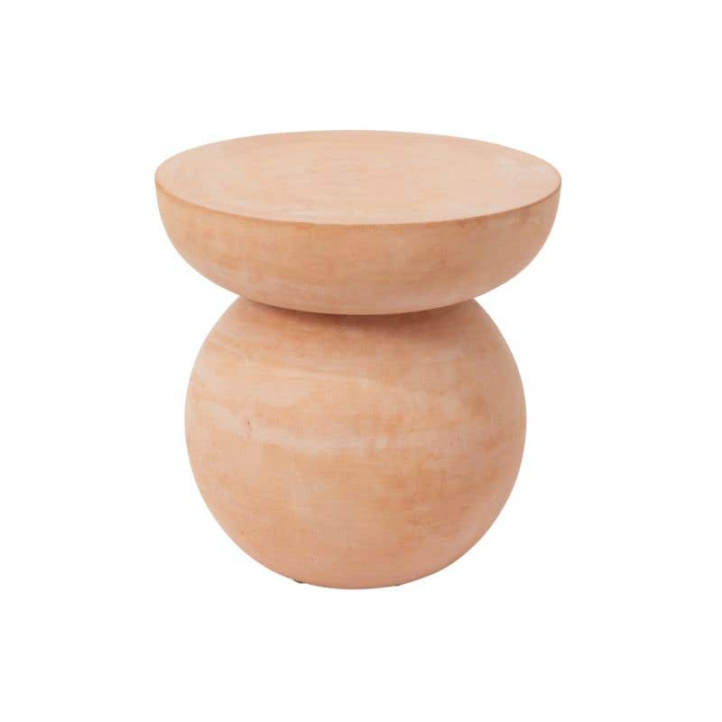 Outdoor stool sphere base & a half-sphere top that offers a flat surface finished in warm terracotta.