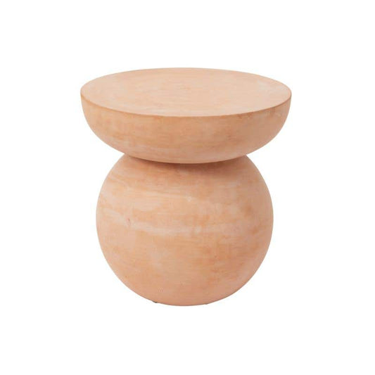 Outdoor stool sphere base & a half-sphere top that offers a flat surface finished in warm terracotta.