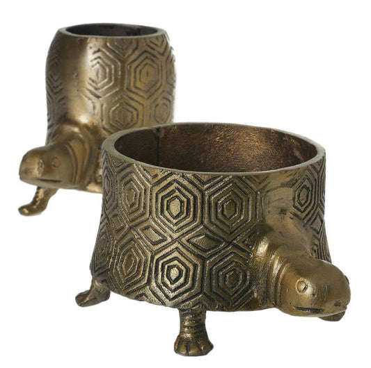 Antique brass turtle planter in tall and short.