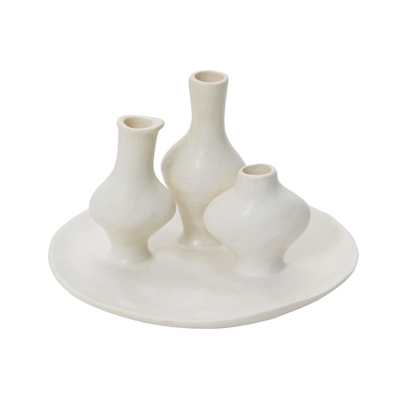 A budvase trio finished in glazed white ceramic on an attached white tray