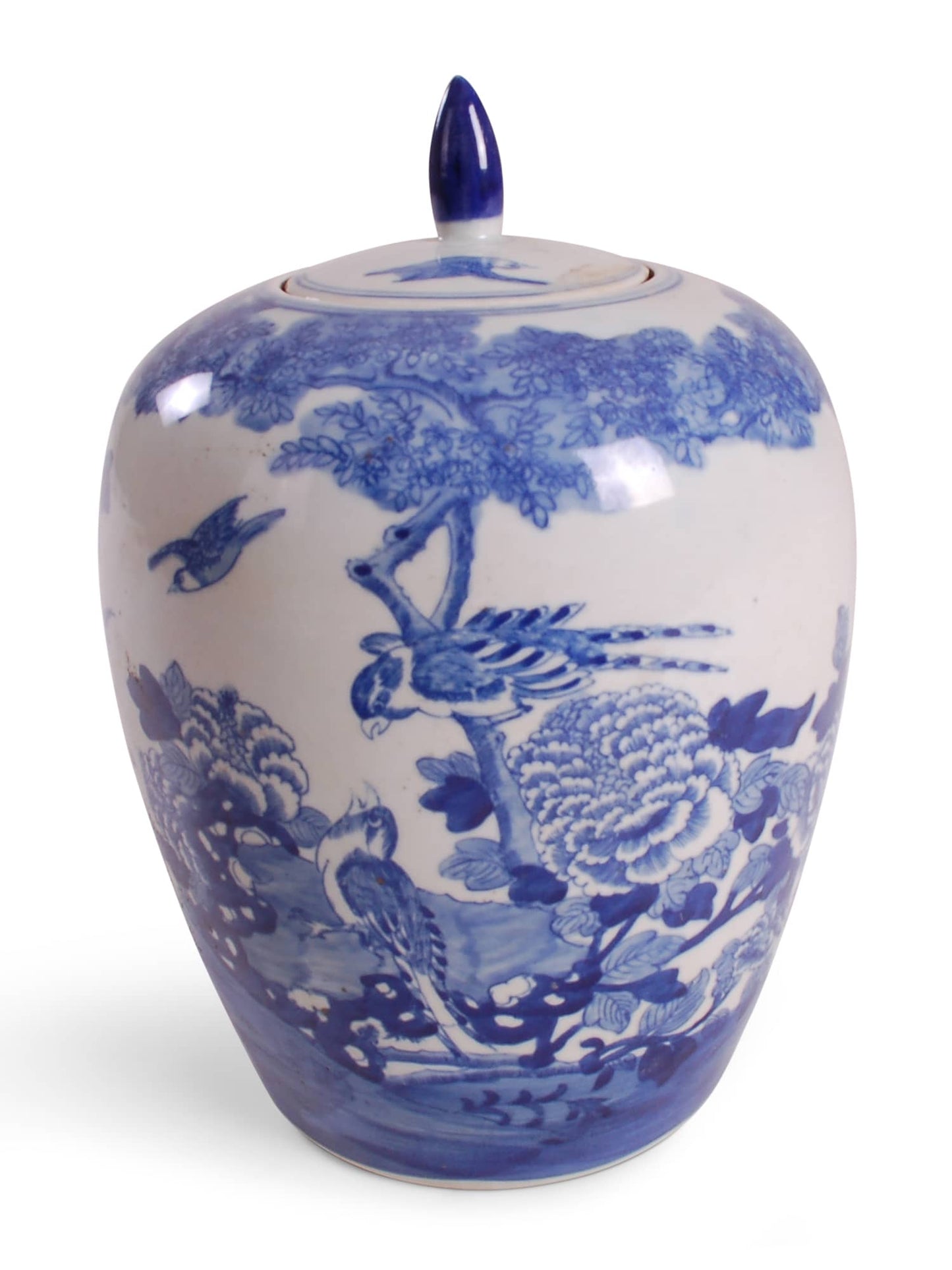 Reproduction porcelain melon jar with blue and white bird and flower design.