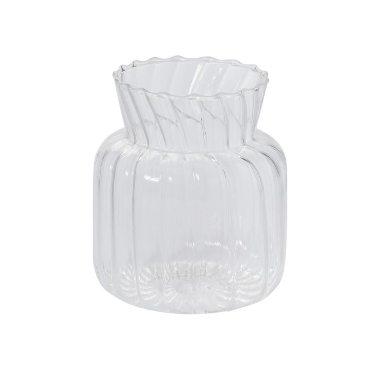 Vase features optical detailing that creates attractive curves around a flared opening. Available in two sizes.