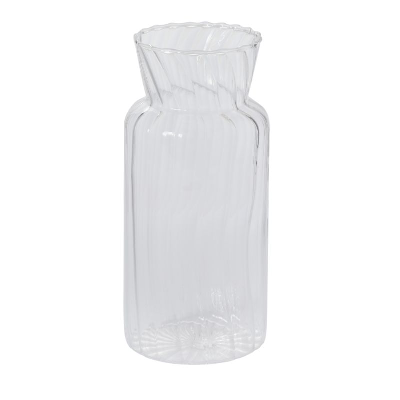 Vase features optical detailing that creates attractive curves around a flared opening. Available in two sizes.