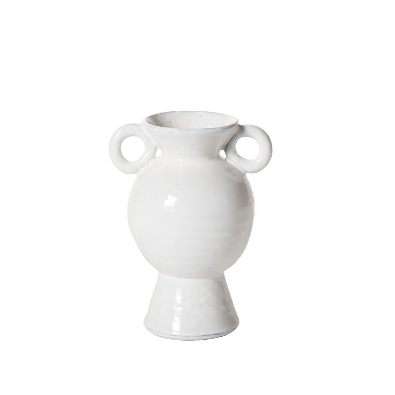 Made from terracotta & finished in a glossy white glaze, this sculptural vessel features a slightly textured surface, a rounded body, 2 loop handles & a flared foot for a modern take on a classic look.