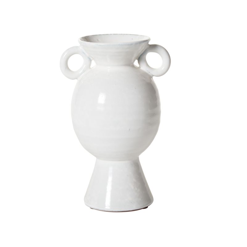 Made from terracotta & finished in a glossy white glaze, this sculptural vessel features a slightly textured surface, a rounded body, 2 loop handles & a flared foot for a modern take on a classic look.