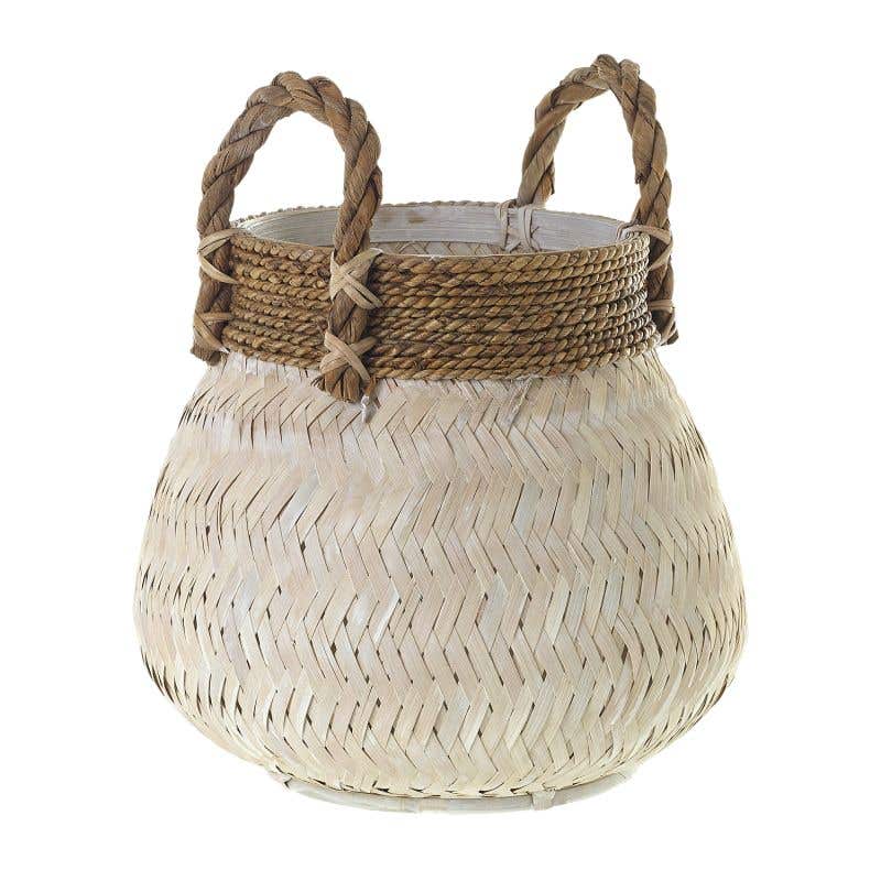 Kota basket is made from hand-woven white-washed bamboo with think jute rope handles