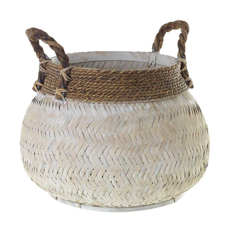 Kota basket is made from hand-woven white-washed bamboo with think jute rope handles