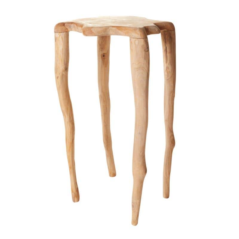 Teak table with irregular-shaped, natural top & legs can be used as a side table or plant stand.