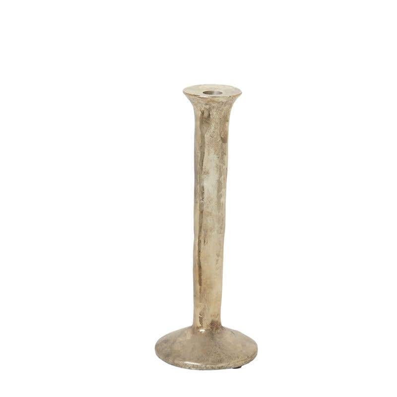 spool-shaped metal candle holder is made from polyresin with a mottled gold finish