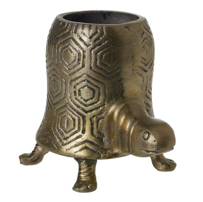 Antique brass turtle planter in tall and short.