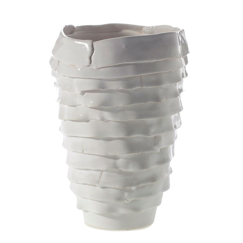 Glazed ceramic vases that features textured, uneven layers.