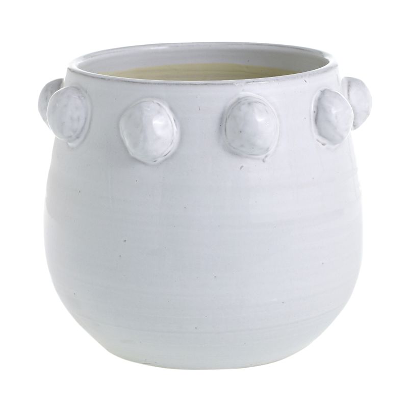 Large glazed ceramic pot with attached ball detail around the top.